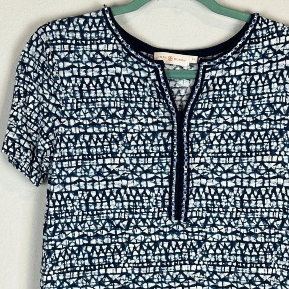 Tory Burch Linen Indigo Beaded Short Sleeve Tunic S